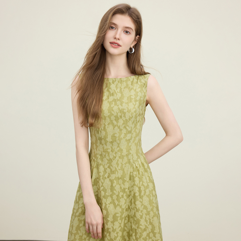 French-Style Green Printed Sleeveless Dress for Women, Summer High-End, Gentle and Elegant Tank Dress, Waist-Cinching, Slimming A-Line Skirt