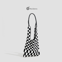 Orange Girls Chessboard Lattice Single Shoulder Bag 2022 Woman Knit Tote Bag Bangs for a small crowdsourced underarm bag