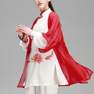 Tai chi clothing chinese kung fu uniforms Tai Chi Clothing costume women spring and summer printed drapery three piece set performance costume Chinese style elegant martial arts competition suit