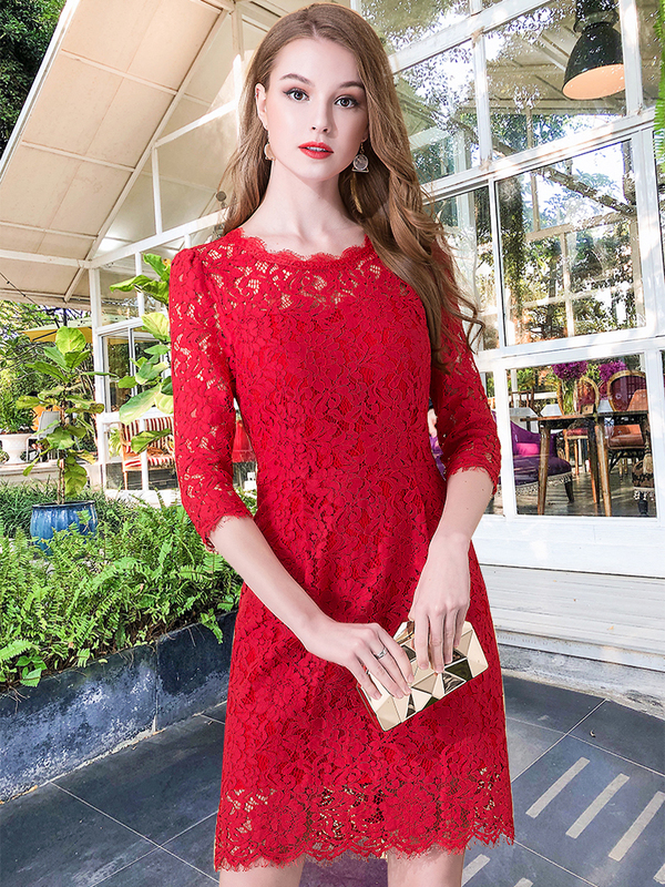 Water-Soluble Lace Dress, Summer, Bright Red, Mid-Length, High-End, Designer Style, Elegant, Hollow-Out, Feminine, Midi Dress for Weddings