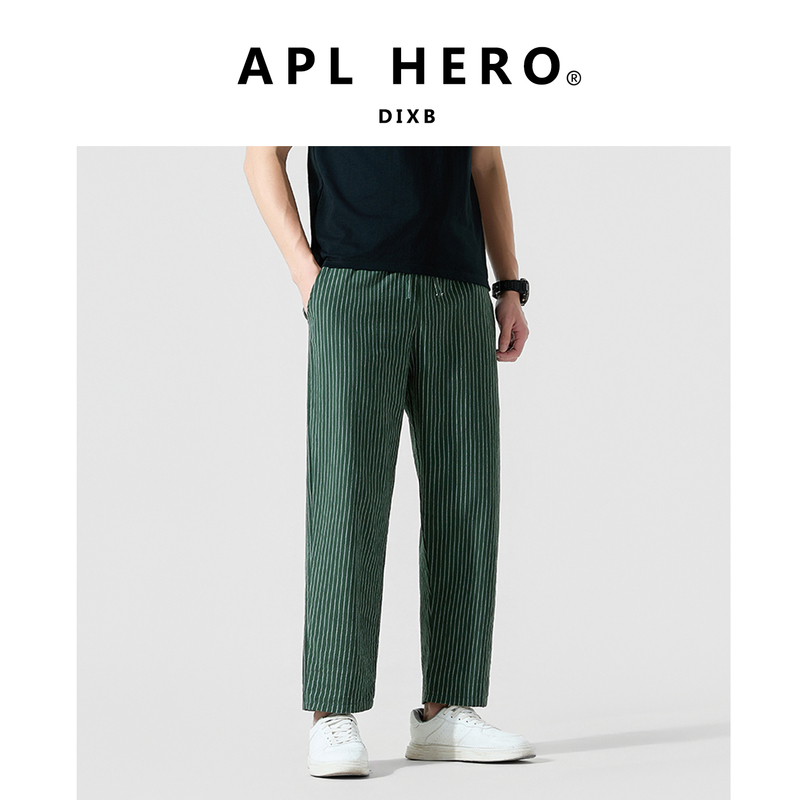 Apl Hero American-Style Trendy Brand Summer Cotton and Linen Striped Straight-Leg Pants Men's Loose Casual Pants Cropped Pants