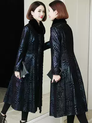 Leather down jacket women's sheep leather 2021 new mink fur collar printed leather leather women long version coat fur