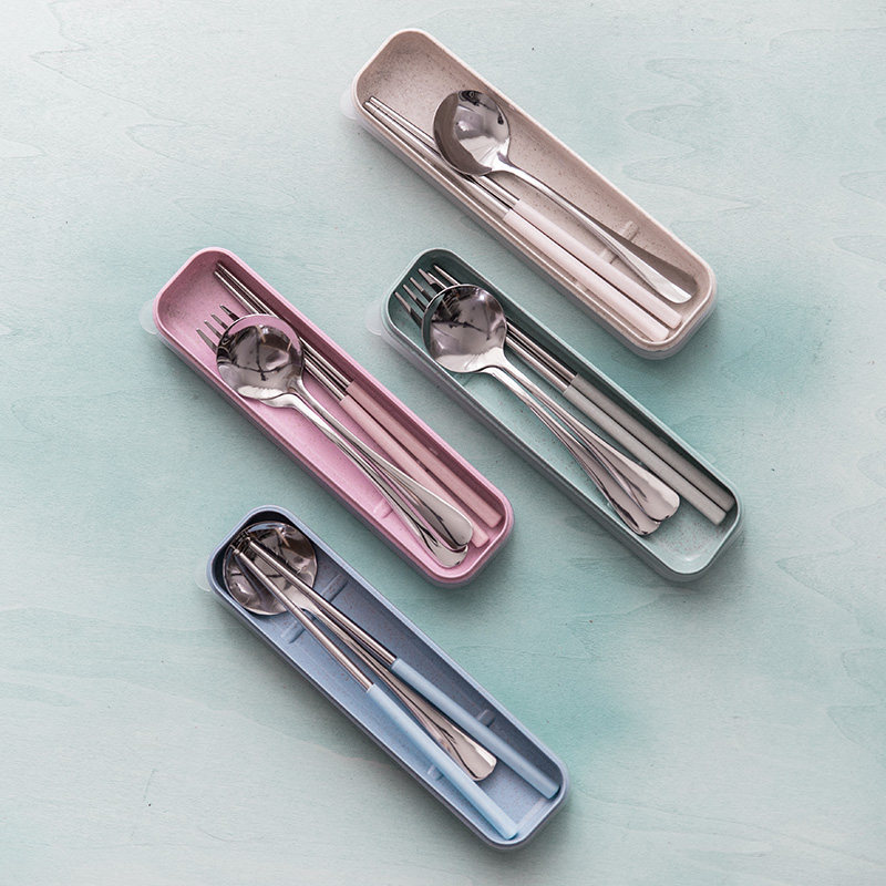 Japan and South Korea wheat element stainless steel chopsticks fork spoon three-piece set chopsticks spoon two-piece set of work students portable boxed tableware