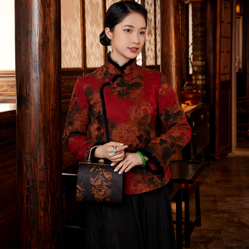 2023 New Year's wardrobes Winter new Chinese Wind Flowers Rofragrant Cloud Yarn Clip Cotton Chinese Short style jacket jacket blouses-Taobao