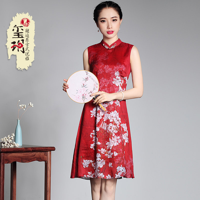 Seal of the Seal Summer sashimi Short-style Chinese art and real silk linen sleeveless qipao vest with improved foreign dress