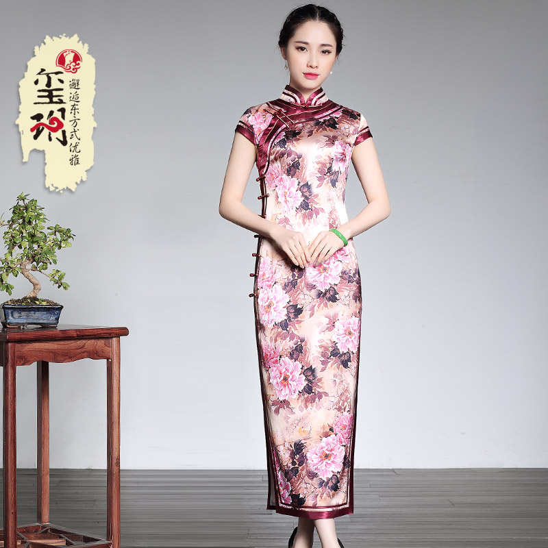 Xi Yueyu-Summer's new heavy pound true silk handmade long version Jingpie qipao women's full side opening gown banquets foreign dress