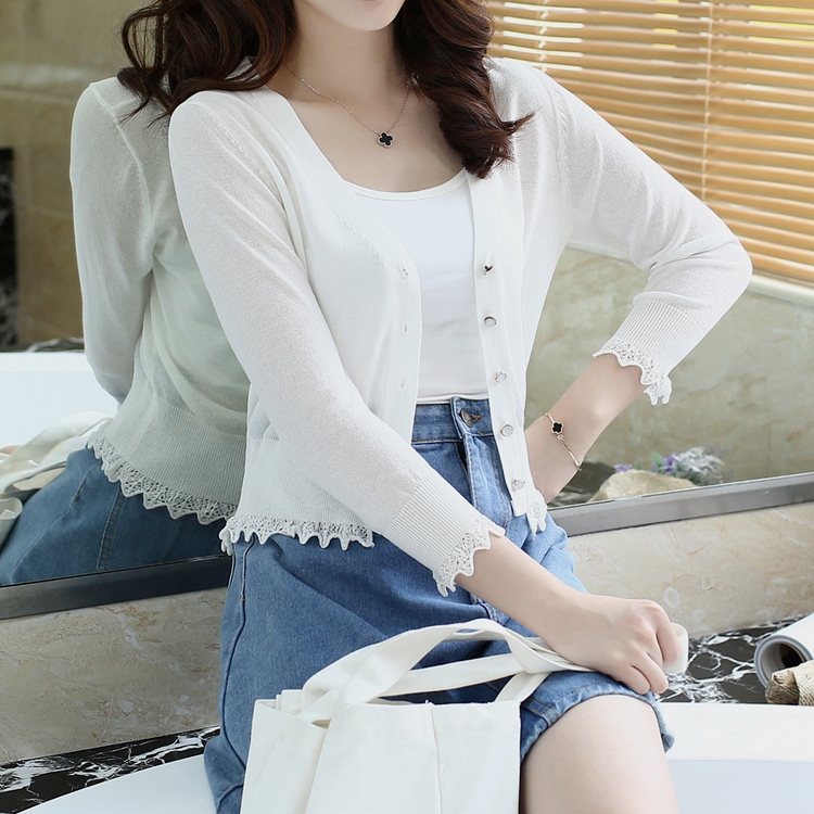 Áo mùa hè máy lạnh nữ cardigan ngắn phần siêu mỏng bảy điểm tay áo băng lụa áo len mỏng bên ngoài áo choàng chống nắng nữ mùa hè shop thời trang nữ