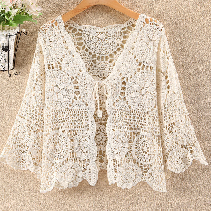 Sun Protection Loose Shawl Summer Thin Solid Color Cardigan Top Hollow V-Neck Knitted Blouse Lace Shirt Women's Jacket