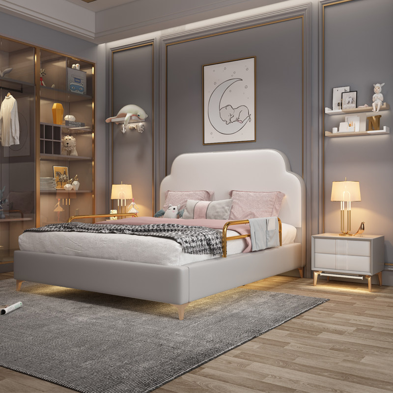 Children's solid wood leather bed modern minimalist girl pink 1 35m princess bed light luxury creative soft bag boy bed