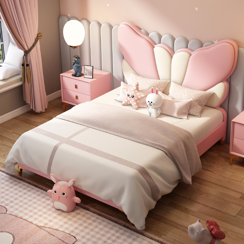 Dream simple child girl princess bed Nordic light luxury net red girl bedroom storage pink butterfly leather bed