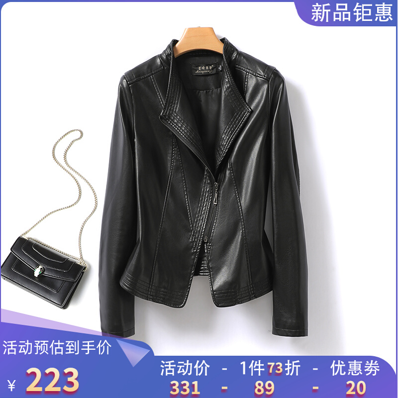 Leather dress short mens slim coat sheep skin sheep - skin 2023 new black female leather little