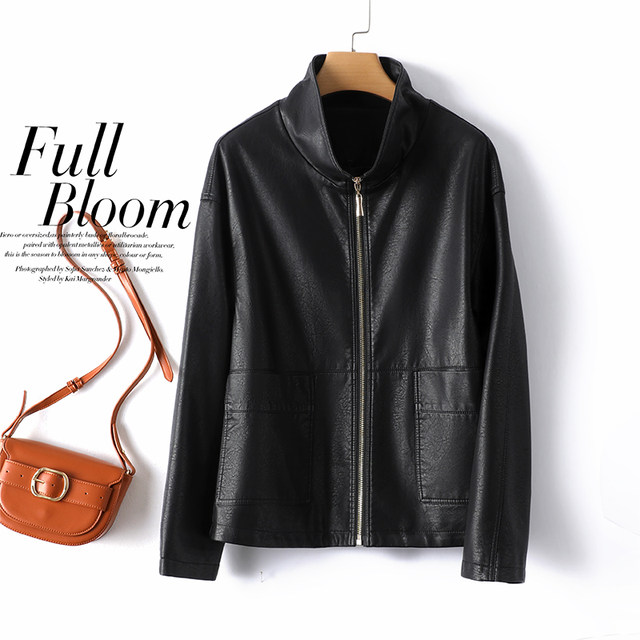 Haining short leather jacket black loose casual plus size