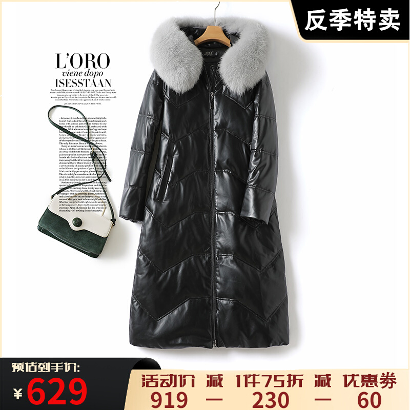 Feather feather female black medium and long hood fox thicker female coat New sheep skin coat female white duck velvet