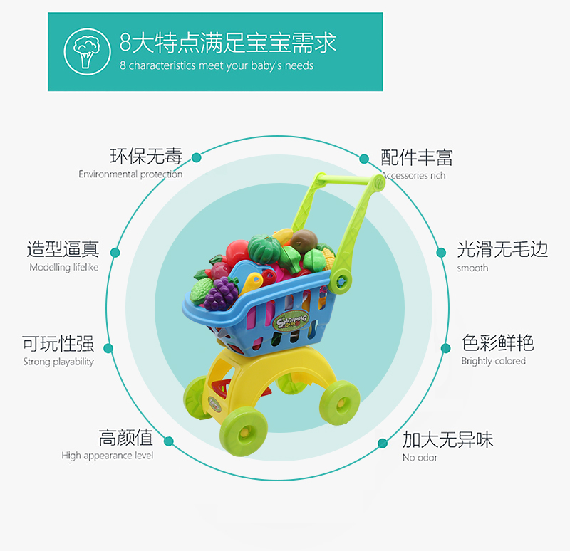 Trẻ em mua sắm xe đẩy đồ chơi xe đẩy cô gái siêu thị cắt trái cây bé câu cá hồ bơi - Đồ chơi gia đình cửa hàng đồ chơi