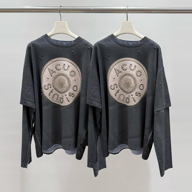 Rsgdl Ceiling A/C New Model Lu Han and Wu Minghao Same Style Button Logo Distressed Fake Two-Piece Long-Sleeve T-Shirt Trendy