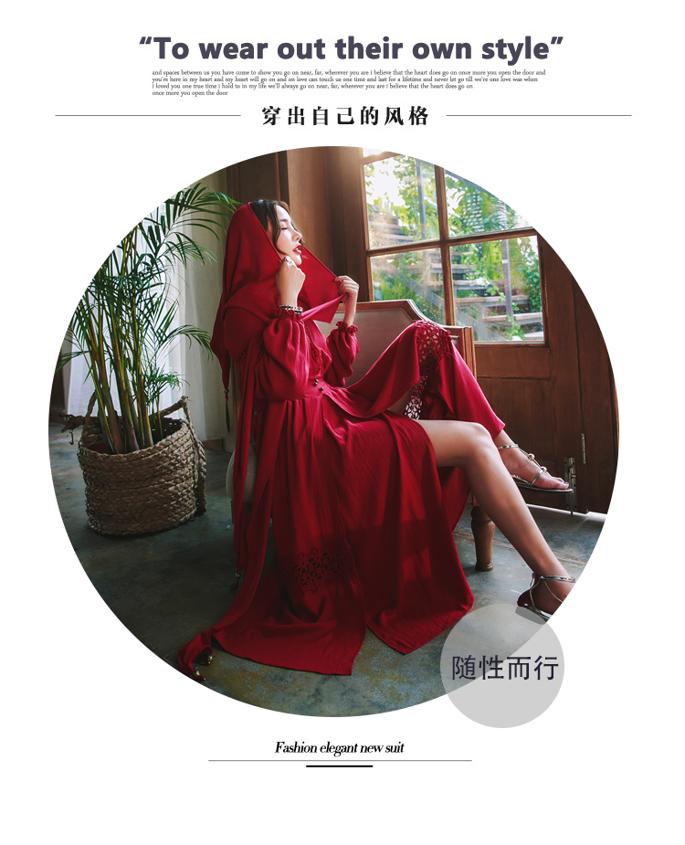 Mùa xuân 2019 mới phong cách dân tộc retro màu đỏ dài tay cotton và váy lanh du lịch kỳ nghỉ lễ lớn đu đầm mỏng váy bò dài