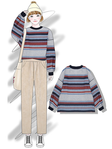 Chuối barna mặc một màu xanh cổ điển tương phản sọc cổ điển lỏng quanh cổ áo len dài tay