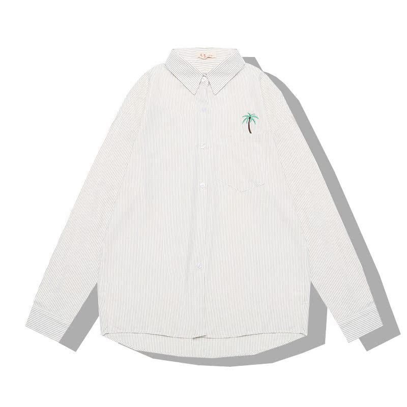Banana Banana Autumn 2018 New Korea College Wind Loose Polo Collar Áo thêu sọc dừa áo sơ mi nữ tay ngắn
