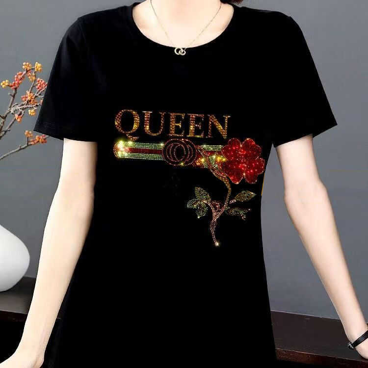 Casual Style Short-Sleeved T-Shirt for Women in Summer, Black Lettering, Rose Sequins, Rhinestones, Loose Fit, Slimming Top for Middle-Aged and Elderly Women Casual Style Short-Sleeved T-Shirt for Women in Summer, Black Lettering, Rose Sequins, Rhinestones, Loose Fit, Slimming Top for Middle-Aged and Elderly Women