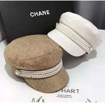 Pearl navy hat female flat top summer British retro autumn beret Japanese Korean version of Joker octagonal hat children