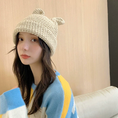 Милая тонкая брендовая шерстяная демисезонная вязаная шапка, в корейском стиле