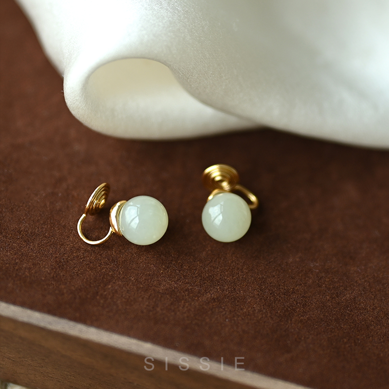 New Chinese natural and field jade ear nail light green jade mosquito incense tray ear clip without earbuds female national wind ear decoration-Taobao