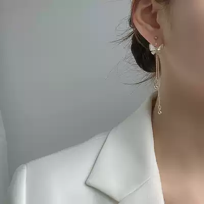 Fritillaria butterfly advanced sense earless female earrings French bow long version tassel painless mosquito coil ear clip