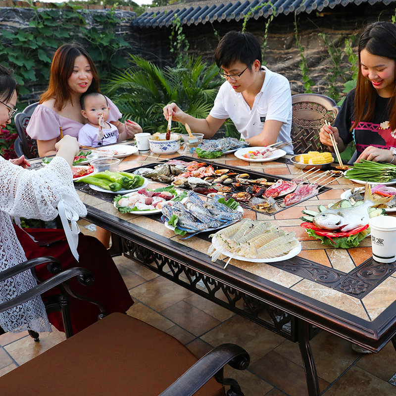 Outdoor table and chairs Villa Courtyard Garden Open-air Terrace Charcoal Grilled Electric Grilled Long Table Domestic Cast Aluminum Barbecue Grill