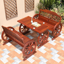 Solid wood wheel dining table and chair garden courtyard leisure table and chair combination outdoor terrace retro balcony three-piece set