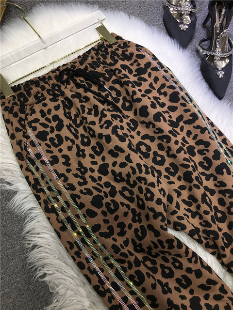 Plus velvet European goods heavy industry ironing drill pants women's autumn and winter new thickened leopard print elastic waist slimming all-match casual pants