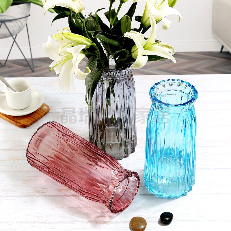 Modern minimalist vertical corrugated stained glass vase small fresh transparent flower arrangement fresh flowers dried flowers hydroponic living room office - Taobao