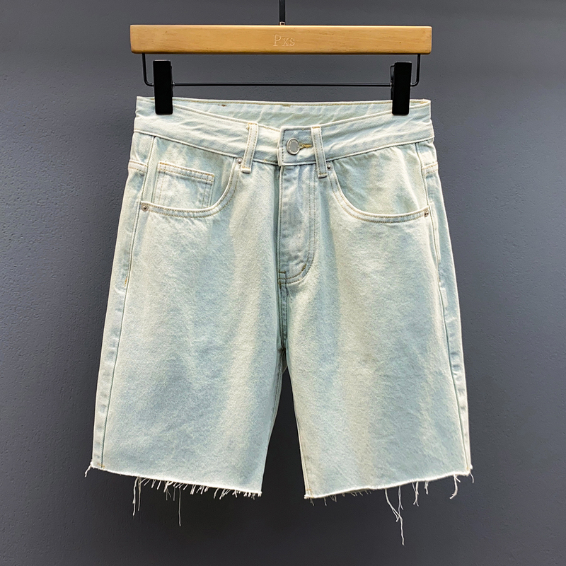 Summer Thin Vintage Light Blue Frayed Denim Shorts for Men, Trendy Loose Casual Versatile Knee-Length Shorts Summer Thin Vintage Light Blue Frayed Denim Shorts for Men, Trendy Loose Casual Versatile Knee-Length Shorts
