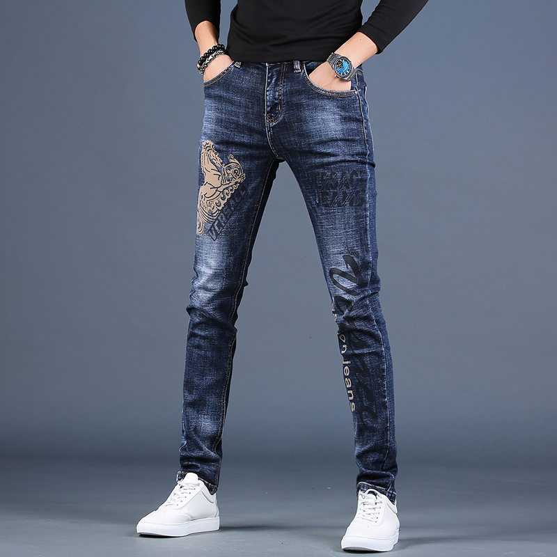 Men's jeans spring style printed ripped slim fit pants men's Korean version of the trendy brand all-match loose straight trousers