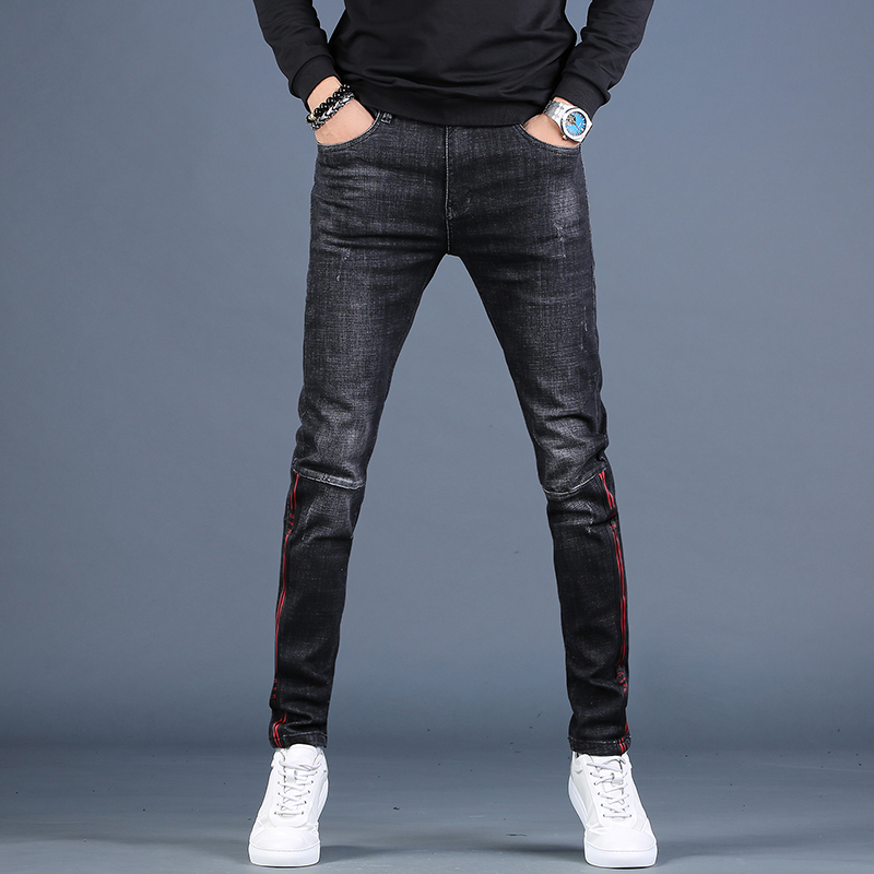 Men's black plus suede warm jeans Men's boarder autumn winter long pants with small feet casual pants trendy thick