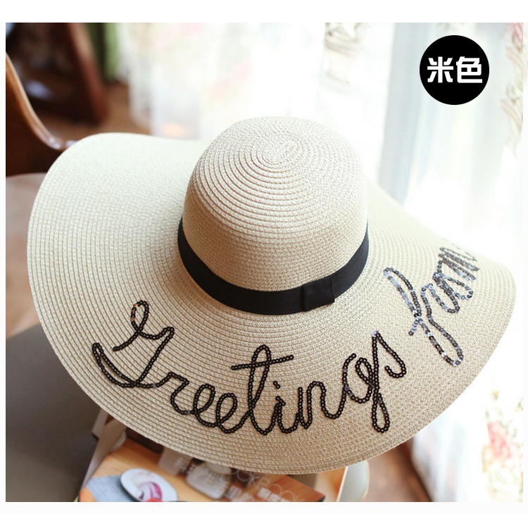 The same hat female summer Korean version sun visor embroidered word seaside holiday beach hat large brim sunscreen straw hat