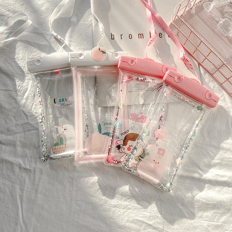 Solid color sequins inflatable mobile phone waterproof bag sealed touch screen photo swimming Apple Huawei mobile phone universal diving cover