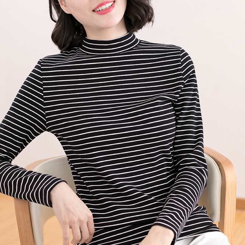 Pure Cotton Half-High Collar Striped Inner Layer Base Shirt, Regular Shoulder T-Shirt, Mid-Neck Autumn Top, Heavy Long-Sleeve Women's Outerwear for Winter