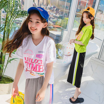 Girl T-shirt Foreign Air loose short sleeve summer dress middle child Korean version V neck letter print half sleeve casual white top