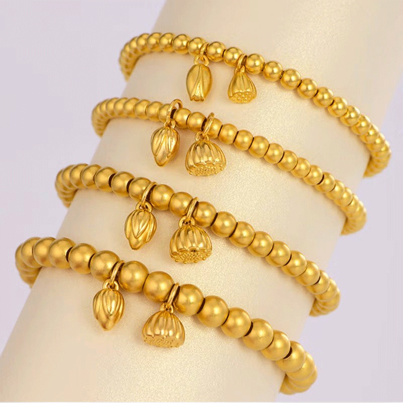 Shuibei Traditional Gold Bracelet, Pure Gold 999 Lotus Bracelet for Women, Double Happiness Fortune Beads Gold Bracelet