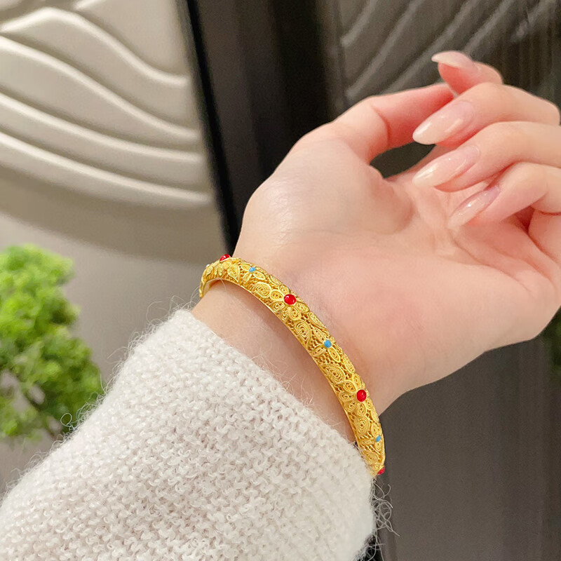 Shuibei Traditional Gold Enamel Bracelet, New Chinese Palace Style, Pure Gold 999, Filigree Little Queen Heritage Gold Bracelet