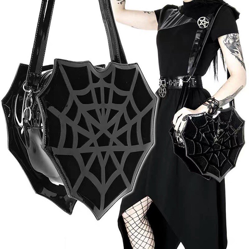"Fire Sacrifice" Gothic Spiderweb Shoulder Bag, Subcultural Dark PU Women's Crossbody Bag, Hot Girl Halloween