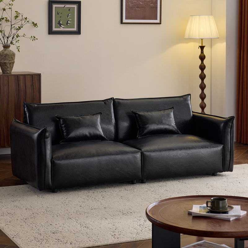 Black Sofa for Small Apartments, Simple Retro Oil-Wax Leather, Suitable for Living Room, Shop, Office, Rest Area, Reception, Double Sofa
