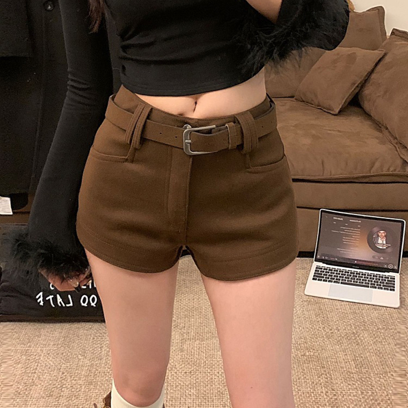 Brown Suede Shorts for Women 2025 Autumn New Versatile Slim-Fit Low-Waist Hip-Hugging Hot Pants with Belt Boot Shorts