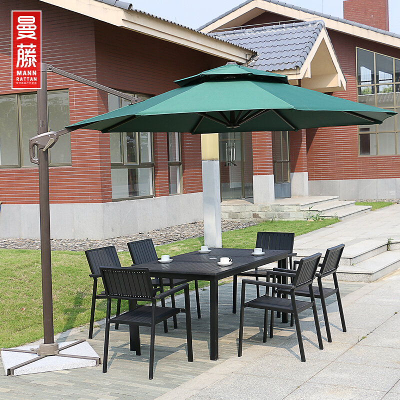 Outdoor table and chairs patio garden outdoor waterproof sun protection plastic wood table and chairs tea table combined open-air balcony with umbrella table and chairs