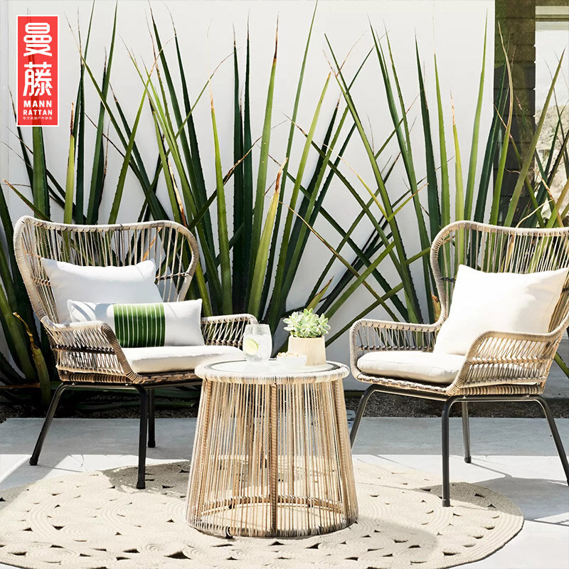 Rattan chair Three sets of outdoor table and chairs patio tea and casual rattan choreography table and chairs combined open air balcony rattan chair small tea table