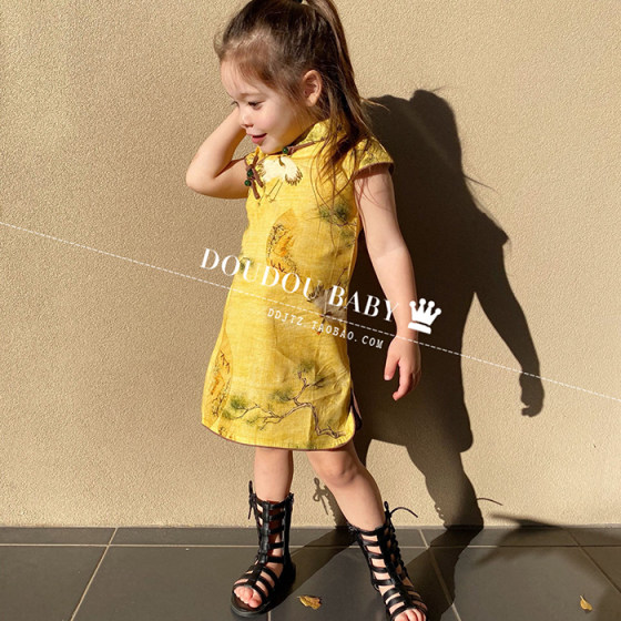 Girls internet celebrity dress summer dress 2022 new children's pure cotton cheongsam dress lapel Chinese style baby girl dress