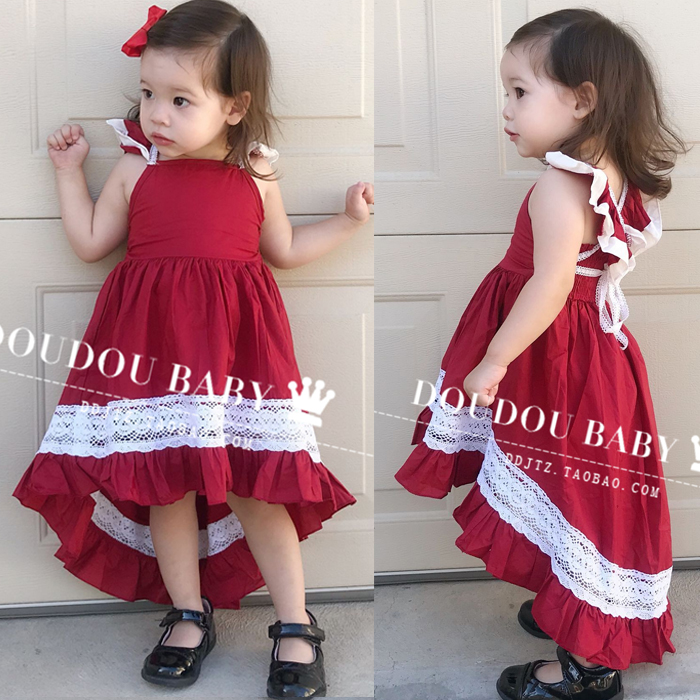 Girls dress Summer Children's clothing Front short back long Dovetail dress European and American baby lace halter irregular skirt