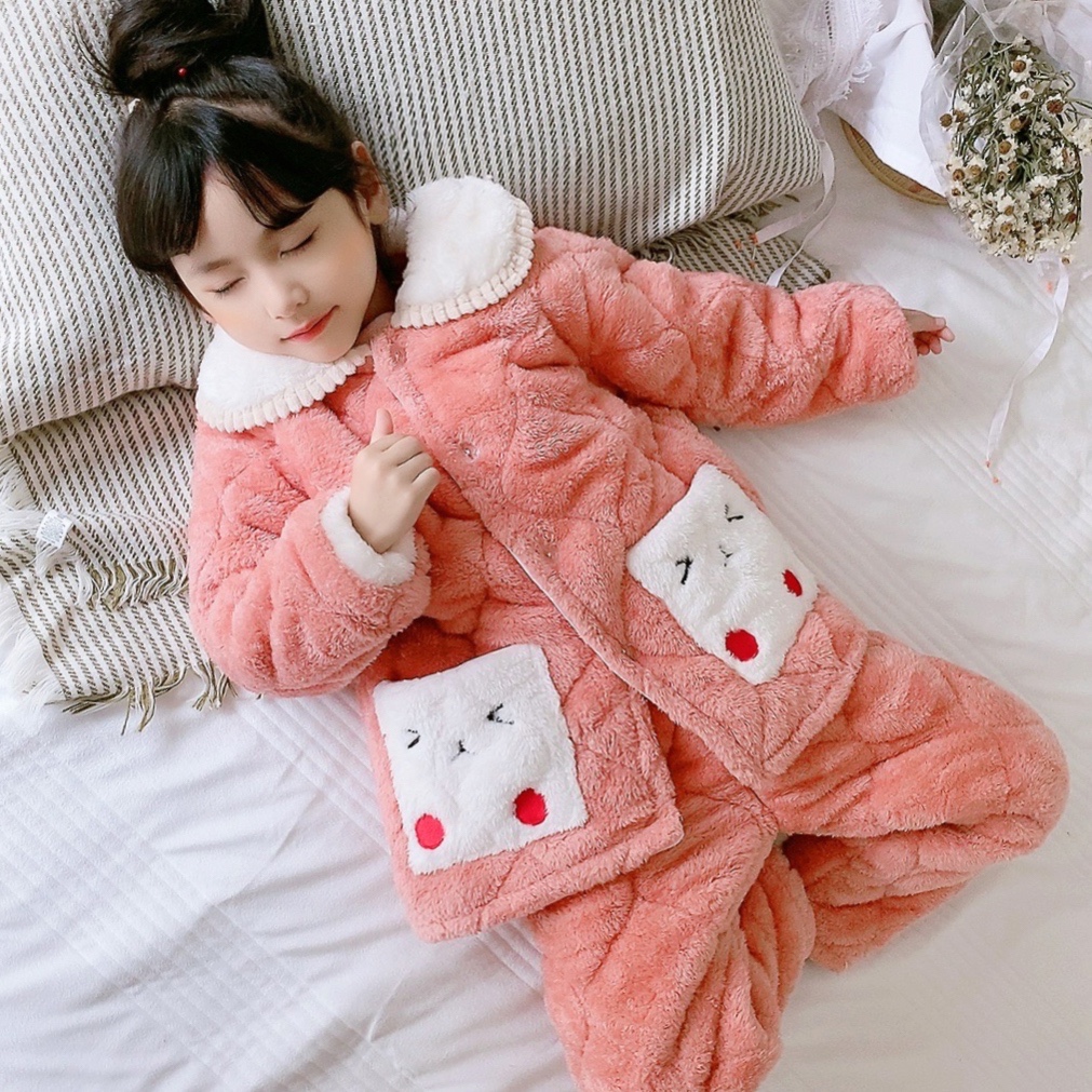 Children's pajamas can be worn in winter with flannel triple-layer cotton for girls and velvet warm home wear