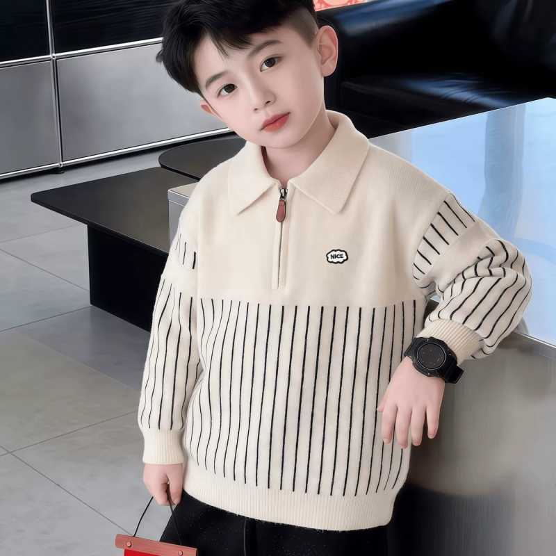 Boys' Vertical Striped Polo Collar Sweater, New Autumn and Winter Style for Older Children, Cool and Stylish Color-Block Half-Zip Pullover Knitwear