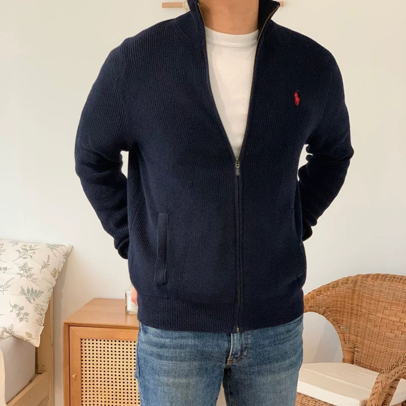 American Casual Polo Half-High Collar Men's Pure Cotton Jacket Autumn and Winter Sweater Polo Full Zipper Slim Fit Knitted Cardigan